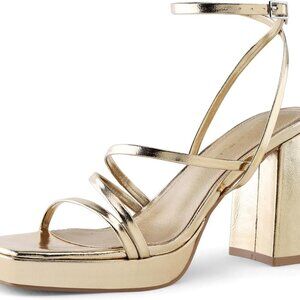 Women Platform Heels Leather 3.7 Inch Block Chunky Square Toe Sandals